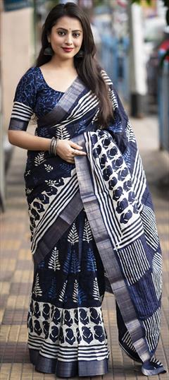 Casual, Summer Blue, White and Off White color Saree in Cotton fabric with Bengali Printed, Weaving work : 1906030