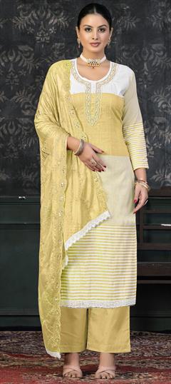 Festive, Party Wear Yellow color Salwar Kameez in Cotton fabric with Palazzo, Straight Bugle Beads, Printed work : 1906034