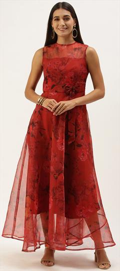 Party Wear, Summer Red and Maroon color Dress in Organza Silk fabric with Floral, Printed work : 1906125