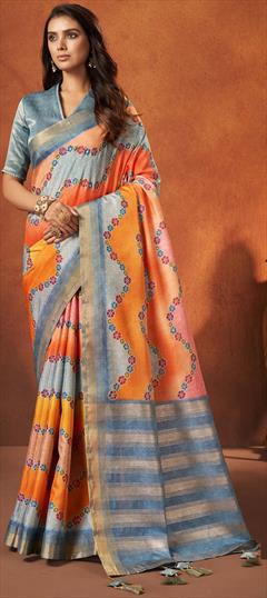 Festive, Party Wear, Reception Blue, Orange color Saree in Crepe Silk fabric with South Bandhej, Printed, Weaving work : 1906127