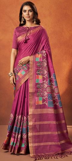 Festive, Party Wear, Reception Pink and Majenta color Saree in Crepe Silk fabric with South Printed, Weaving work : 1906129