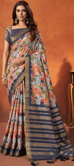 Festive, Party Wear, Reception Black and Grey color Saree in Crepe Silk fabric with South Printed, Weaving work : 1906130