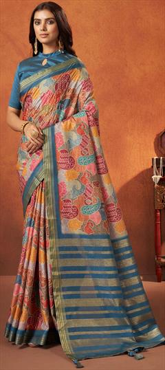 Festive, Party Wear, Reception Blue color Saree in Crepe Silk fabric with South Printed, Weaving work : 1906131