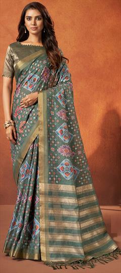 Festive, Party Wear, Reception Green color Saree in Crepe Silk fabric with South Printed, Weaving work : 1906133