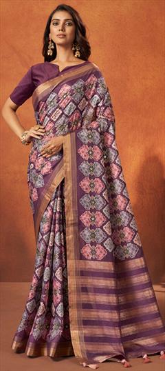 Festive, Party Wear, Reception Purple and Violet color Saree in Crepe Silk fabric with South Printed, Weaving work : 1906134
