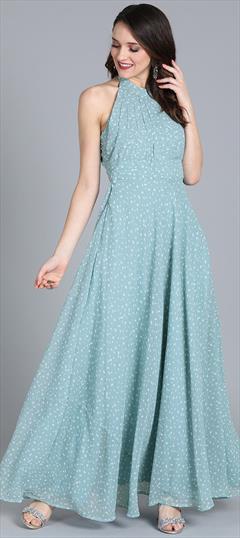 Festive, Reception, Wedding Blue color Gown in Georgette fabric with Printed work : 1906140