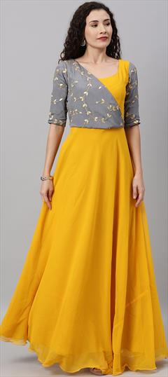 Festive, Reception, Wedding Yellow color Gown in Georgette fabric with Embroidered work : 1906142