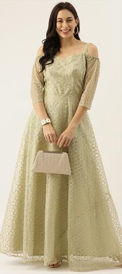 Festive, Reception, Wedding Green color Gown in Net fabric with Embroidered work : 1906146