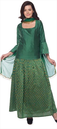 Party Wear, Reception Green color Salwar Kameez in Silk cotton fabric with Abaya Block Print work : 1906168