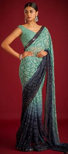 Party Wear, Reception Blue, Green color Saree in Georgette fabric with Classic Embroidered, Sequence, Thread work : 1906226
