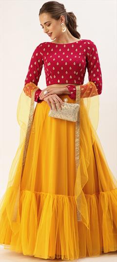 Engagement, Mehendi Sangeet, Wedding Yellow color Ready to Wear Lehenga in Net fabric with Flared Embroidered, Sequence, Thread work : 1906231