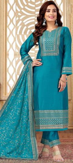 Engagement, Festive, Reception Blue color Salwar Kameez in Silk fabric with Straight Sequence, Thread, Zari work : 1906293