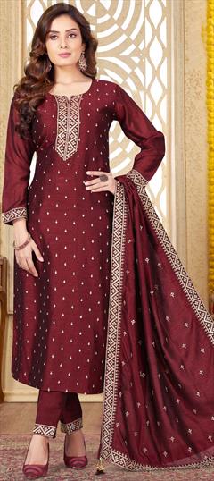 Engagement, Festive, Reception Red and Maroon color Salwar Kameez in Silk fabric with Straight Sequence, Thread, Zari work : 1906294