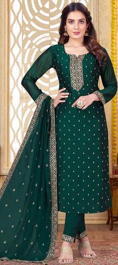 Engagement, Festive, Reception Green color Salwar Kameez in Silk fabric with Straight Sequence, Thread, Zari work : 1906295