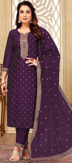 Engagement, Festive, Reception Purple and Violet color Salwar Kameez in Silk fabric with Straight Sequence, Thread, Zari work : 1906296