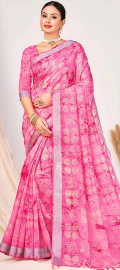 Casual, Traditional Pink and Majenta color Saree in Cotton fabric with Bengali, South Printed work : 1906315