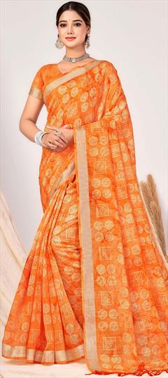Casual, Traditional Orange color Saree in Silk cotton fabric with Bengali, South Printed work : 1906316