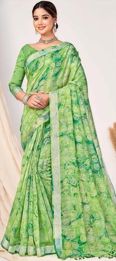Casual, Traditional Green color Saree in Silk cotton fabric with Bengali, South Printed work : 1906317