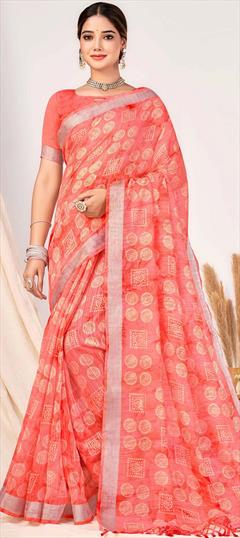 Casual, Traditional Pink and Majenta color Saree in Silk cotton fabric with Bengali, South Printed work : 1906318