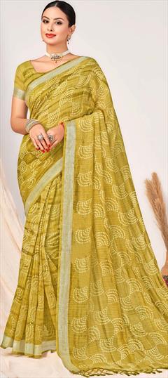 Casual, Traditional Gold color Saree in Silk cotton fabric with Bengali, South Printed work : 1906319