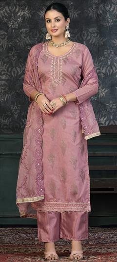 Engagement, Festive, Reception Pink and Majenta color Salwar Kameez in Organza Silk fabric with Straight Bugle Beads, Cut Dana, Printed, Sequence work : 1906335