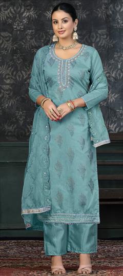 Engagement, Festive, Reception Blue color Salwar Kameez in Organza Silk fabric with Straight Bugle Beads, Cut Dana, Printed, Sequence work : 1906341