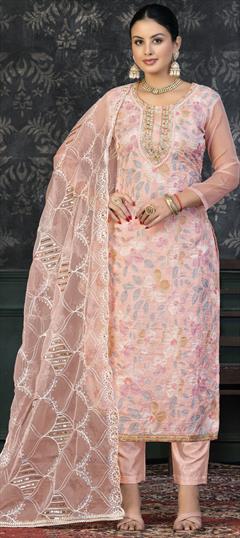 Party Wear, Reception Pink and Majenta color Salwar Kameez in Organza Silk fabric with Straight Cut Dana, Lace, Printed, Thread work : 1906361