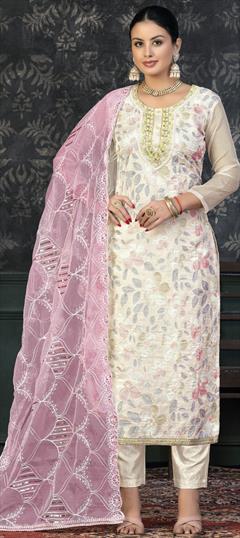 Party Wear, Reception White and Off White color Salwar Kameez in Organza Silk fabric with Straight Cut Dana, Lace, Printed, Thread work : 1906363