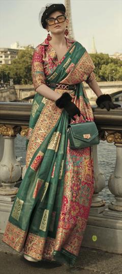 Party Wear, Traditional Green color Saree in Handloom fabric with Bengali Weaving work : 1906376