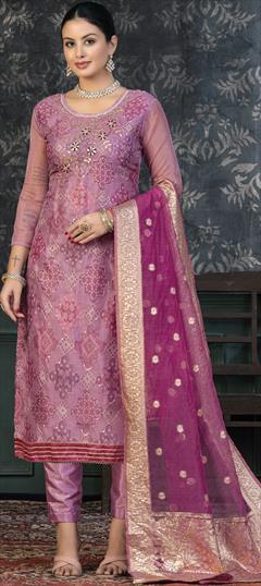 Festive, Reception Pink and Majenta color Salwar Kameez in Organza Silk fabric with Straight Bandhej, Lace, Printed, Sequence, Thread work : 1906388