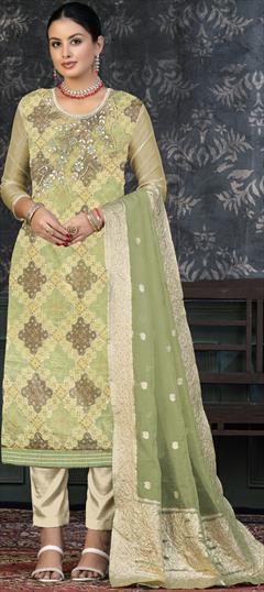 Festive, Reception Green color Salwar Kameez in Organza Silk fabric with Straight Bandhej, Lace, Printed, Sequence, Thread work : 1906389