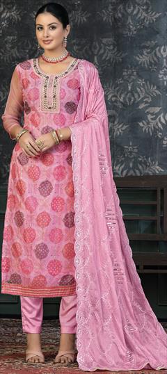 Festive, Reception Pink and Majenta color Salwar Kameez in Organza Silk fabric with Straight Bandhej, Lace, Printed, Sequence, Thread work : 1906397