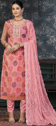 Festive, Reception Pink and Majenta color Salwar Kameez in Organza Silk fabric with Straight Bandhej, Lace, Printed, Sequence, Stone work : 1906398