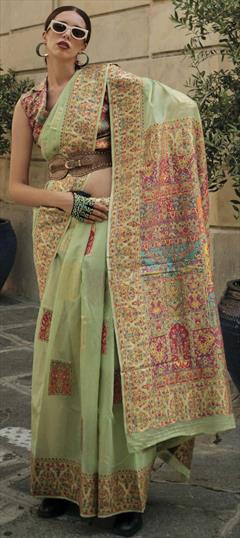 Party Wear, Traditional Green color Saree in Handloom fabric with Bengali Weaving work : 1906406