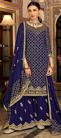 Festive, Mehendi Sangeet, Reception, Wedding Blue color Salwar Kameez in Art Silk fabric with Palazzo, Straight Sequence work : 1906431