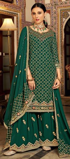 Festive, Mehendi Sangeet, Reception, Wedding Green color Salwar Kameez in Art Silk fabric with Palazzo, Straight Sequence work : 1906432