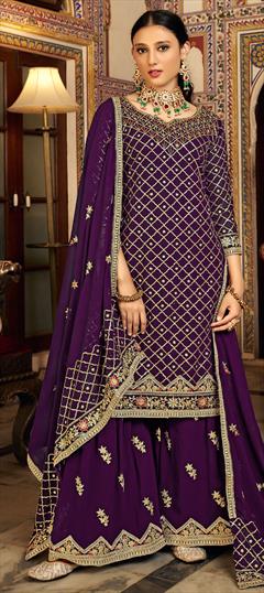 Festive, Mehendi Sangeet, Reception, Wedding Purple and Violet color Salwar Kameez in Art Silk fabric with Palazzo, Straight Sequence work : 1906433