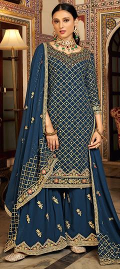 Festive, Mehendi Sangeet, Reception, Wedding Blue color Salwar Kameez in Art Silk fabric with Palazzo, Straight Sequence work : 1906434