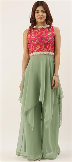 Festive, Party Wear Green color Salwar Kameez in Georgette fabric with Asymmetrical Weaving work : 1906521