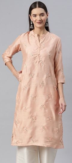 Casual, Summer Pink and Majenta color Kurti in Muslin fabric with Long Sleeve, Straight Embroidered, Resham, Sequence, Thread work : 1906531