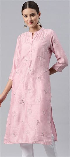 Casual, Summer Pink and Majenta color Kurti in Muslin fabric with Long Sleeve, Straight Embroidered, Resham, Sequence, Thread work : 1906532