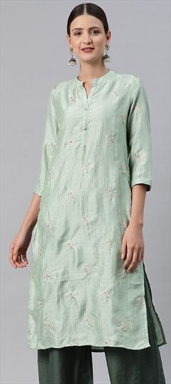 Casual, Summer Green color Kurti in Muslin fabric with Long Sleeve, Straight Embroidered, Resham, Sequence, Thread work : 1906533