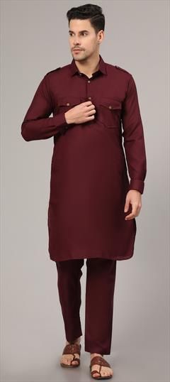Party Wear Red and Maroon color Pathani Suit in Cotton fabric with Thread work : 1906604