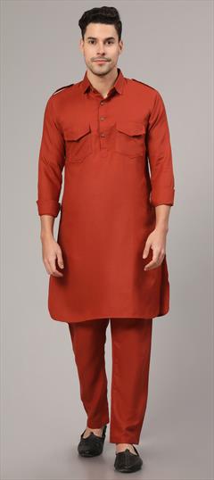 Party Wear Orange color Pathani Suit in Cotton fabric with Thread work : 1906605