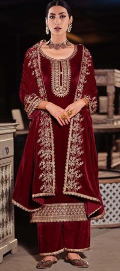 Festive, Reception Red and Maroon color Salwar Kameez in Velvet fabric with Pakistani, Palazzo, Straight Embroidered, Sequence, Thread, Zari work : 1906618