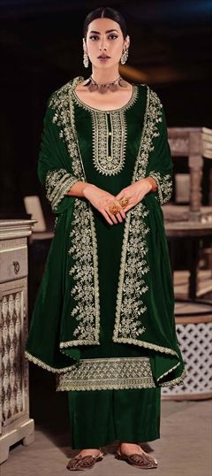Festive, Reception Green color Salwar Kameez in Velvet fabric with Pakistani, Palazzo, Straight Embroidered, Sequence, Thread, Zari work : 1906619