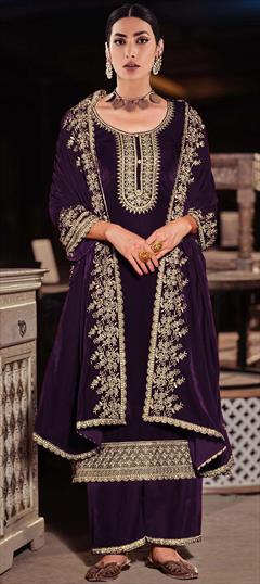 Festive, Reception Purple and Violet color Salwar Kameez in Velvet fabric with Pakistani, Palazzo, Straight Embroidered, Sequence, Thread, Zari work : 1906620
