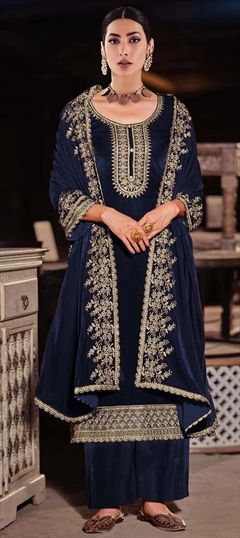 Festive, Reception Blue color Salwar Kameez in Velvet fabric with Pakistani, Palazzo, Straight Embroidered, Sequence, Thread, Zari work : 1906621