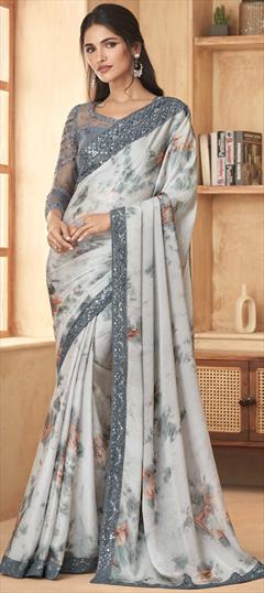 Festive, Reception, Wedding White and Off White color Saree in Satin Silk fabric with South Border, Printed, Sequence, Thread work : 1906635