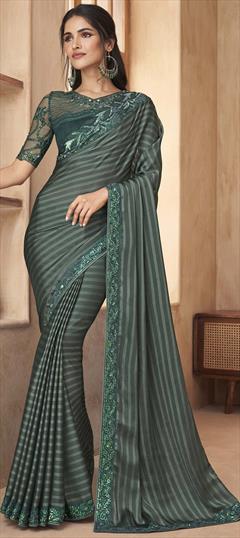 Festive, Reception, Wedding Green color Saree in Chiffon, Georgette fabric with Classic Border, Sequence, Thread work : 1906636